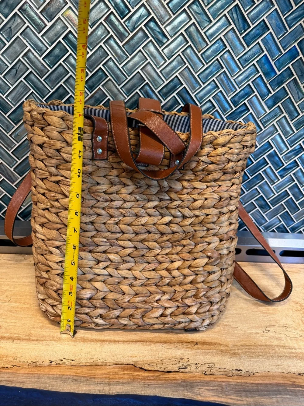 Woven Straw Tote Bag/backpack with Brown Leather Trim
